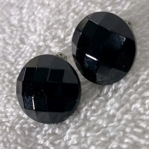Vintage Black Plastic Multi  Facet Circle Clip On Earrings